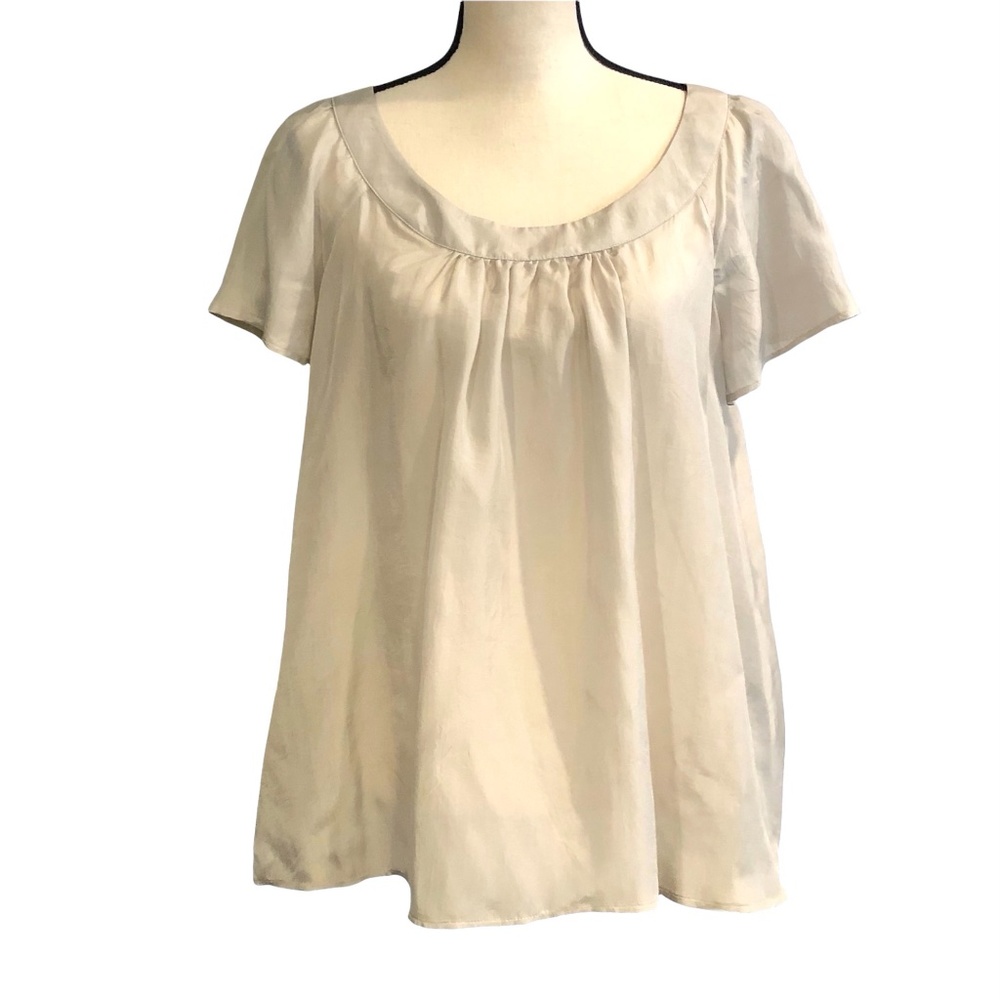 EMPORIO ARMANI CREAM SILK FLUTTER SHORT SLEEVE ROUND NECK LOOSE TOP